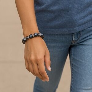 Gray Bead Bracelet Lavender faceted Silver spacers stretch